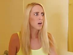 This blonde thinks she can have a bathroom all to herself and she doesn`t give a damn if her step-brother is late for work because of her. Fuck that bitch! This tattooed dude will teach her a lesson of good manners by shoving his cock in her mouth and pussy and brute-fucking her brains out in his bedroom. Dirty slut, she can play victim all she want, but you know she`s really enjoying it cuz she always secretly wanted to fuck her step-bro.